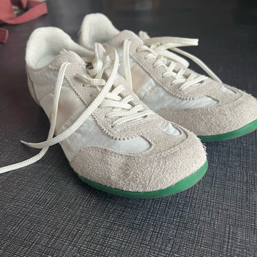 Women’s Neutral Suede & Nylon Athletic Sneakers with Green Sole